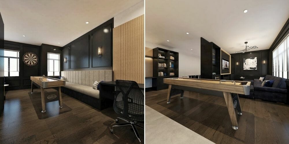 L-shaped home office with a lounge area