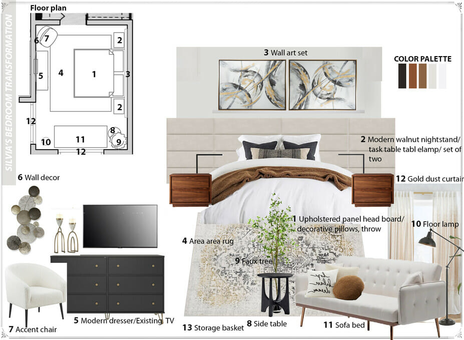 mood board for neutral transitional bedroom interior