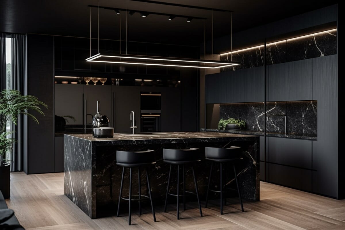 Black kitchen interior design with black marble