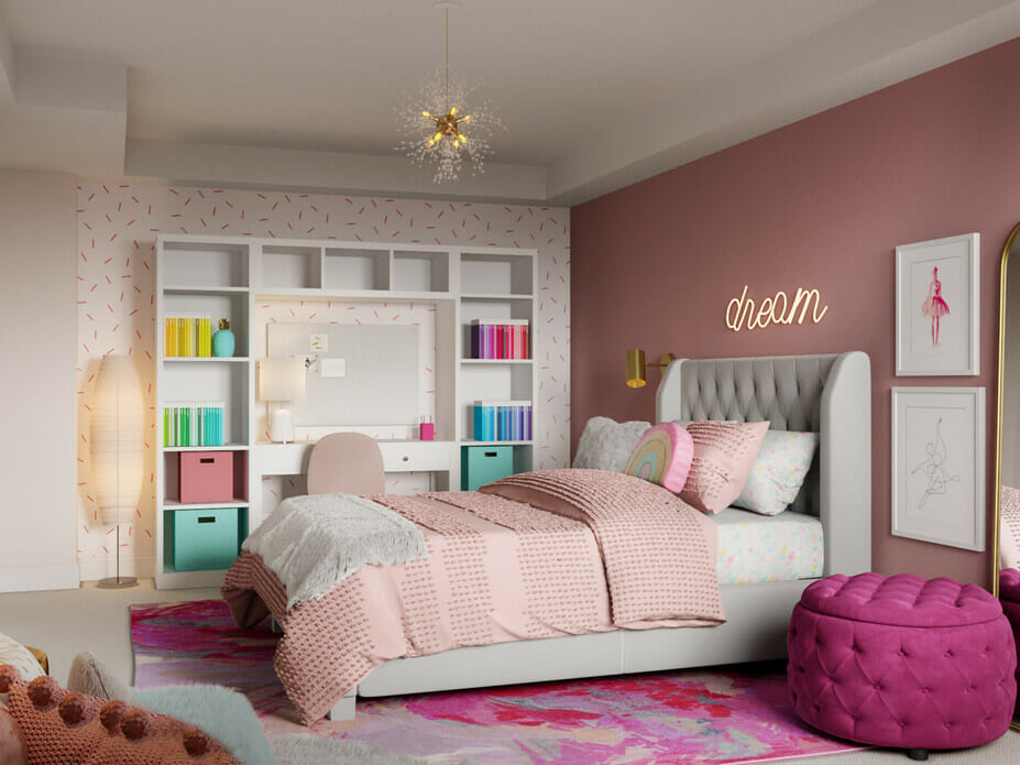 Cute pink bedroom with a study nook - Ryley