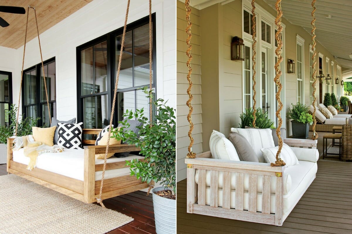 Front door with hanging sofas and scatter pillows as summer decor