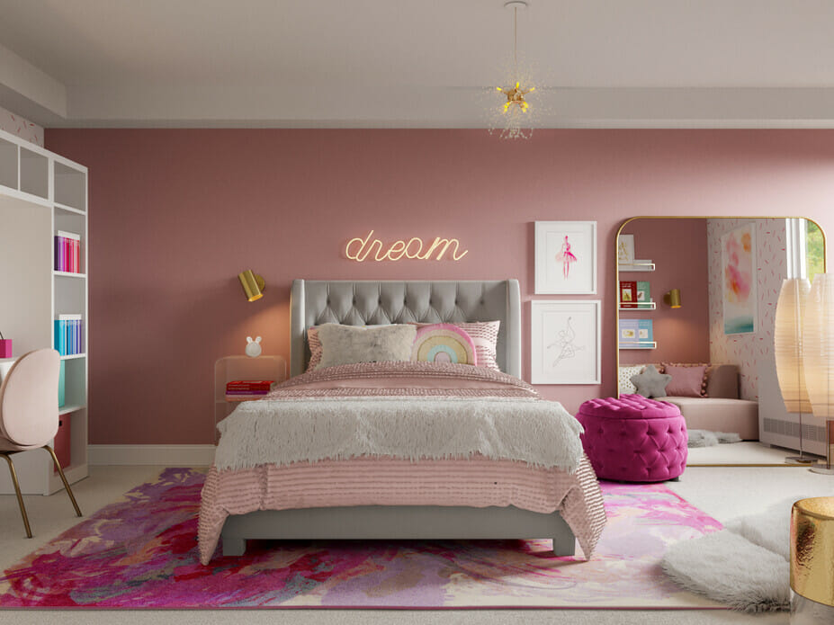 Girly pink bedroom with a chill nook and study area - Ryley