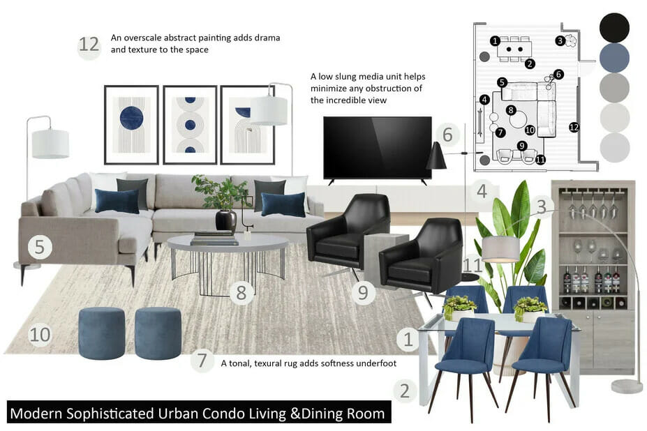 Masculine apartment decor mood board by Decorilla designer Drew F