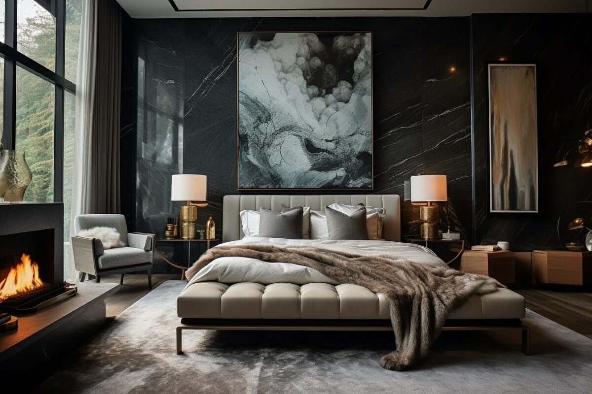 Modern and luxurious dark interior design of a bedroom
