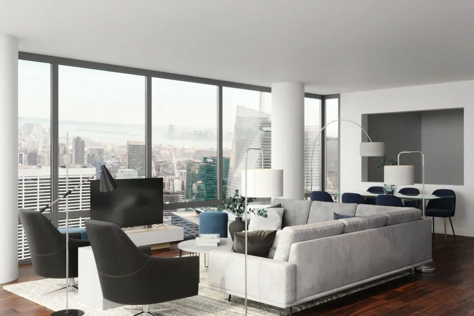 Open space living in a modern male apartment design by Decorilla designer Drew F