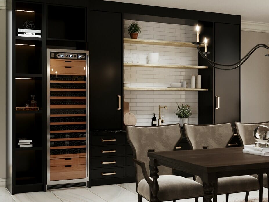 Small luxury kitchen with a wine fridge by Decorilla designer Aida A