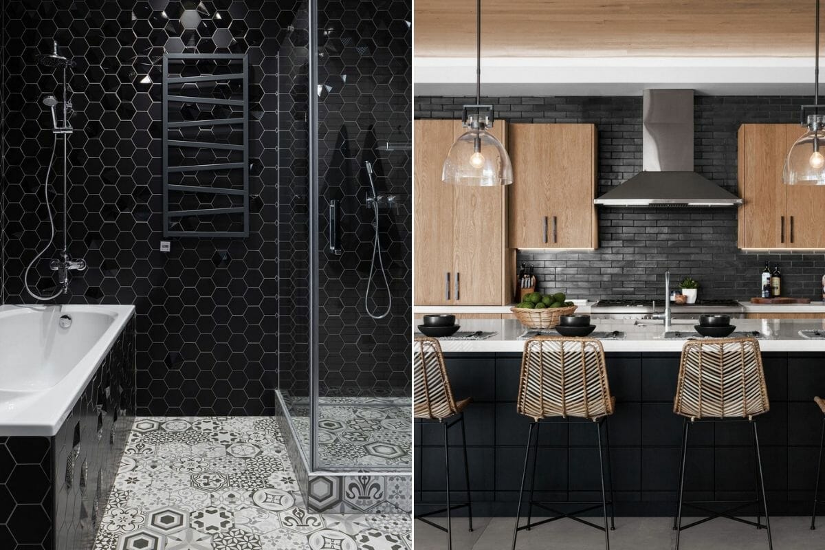 black wall bathroom and kitchen interior design