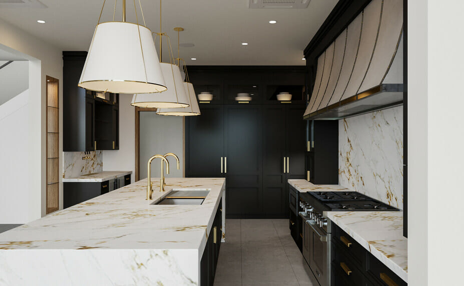 black white and gold kitchen