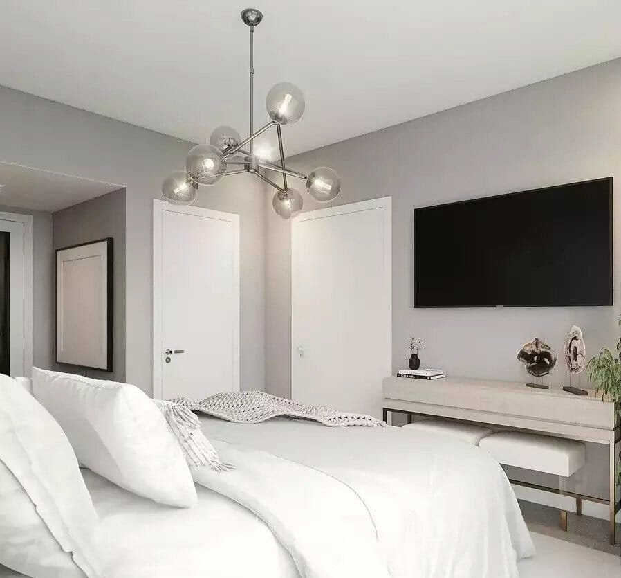 Decorilla cozy grey bedroom 3D rendering