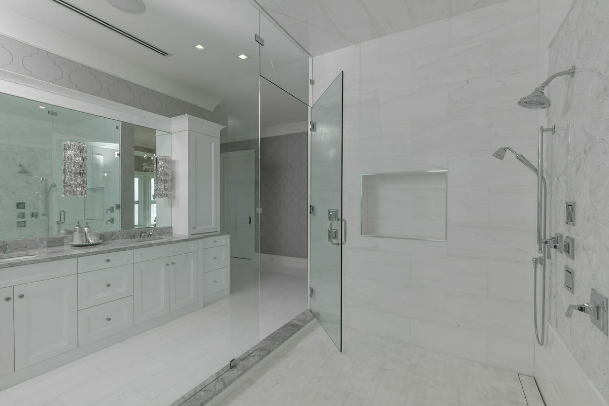 Marble tile shower ideas by Decorilla designer Gericel D.