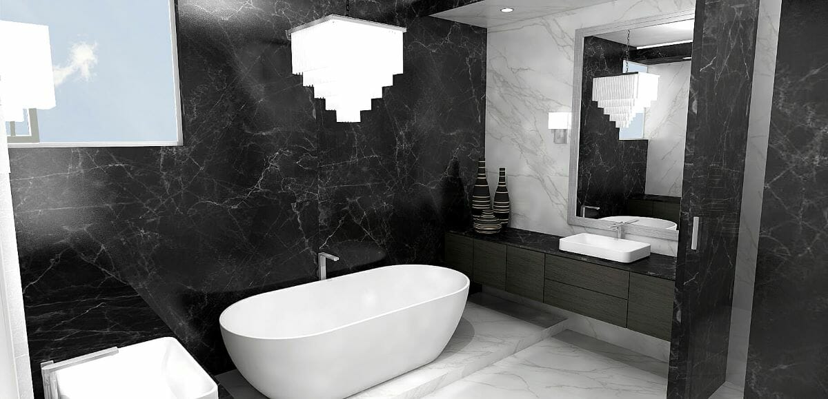 Modern black marble bathroom by Decorilla designer Laura A
