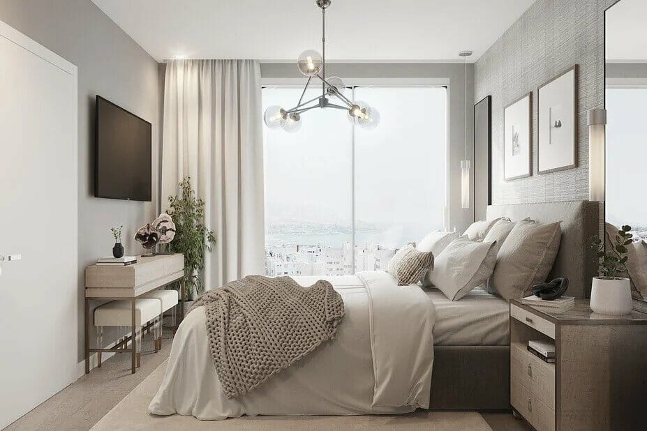 Tranquil grey bedroom design results by Decorilla