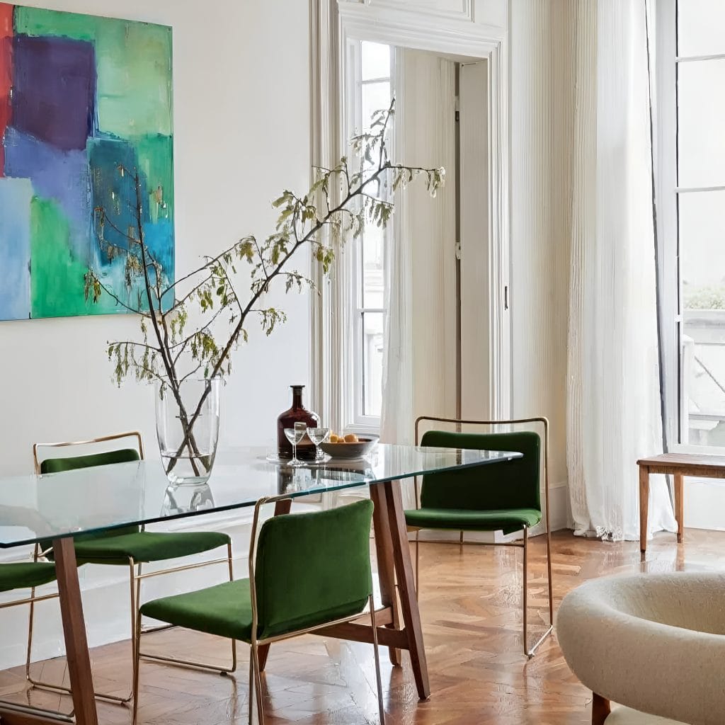 Colorful classy dining room interior design by Decorilla designer, Fedeica P.