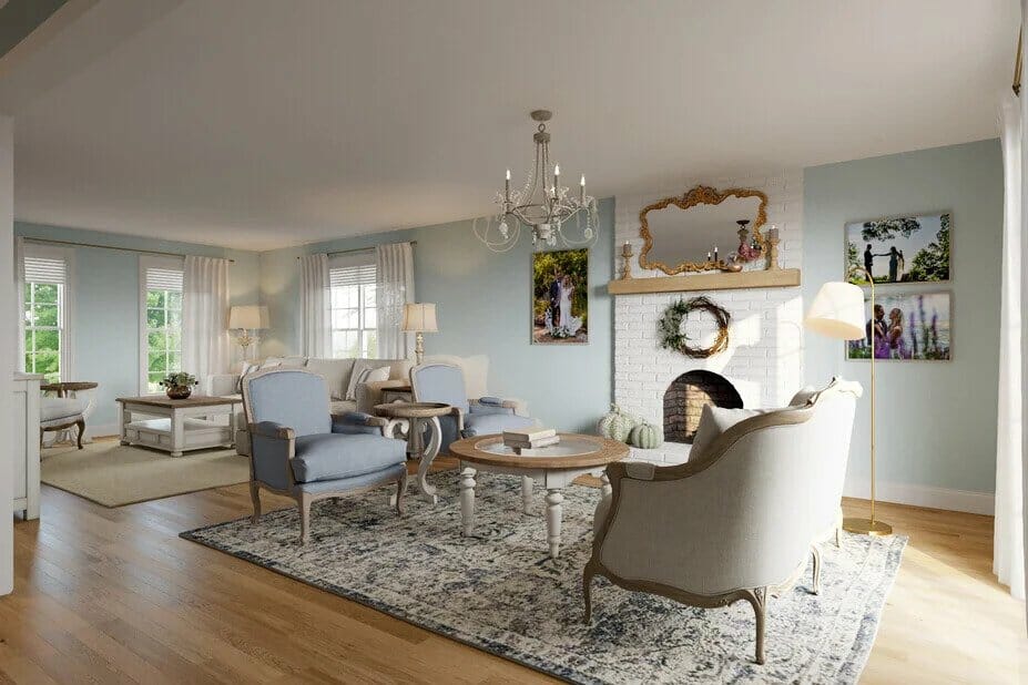 French country style living room render by Decorilla