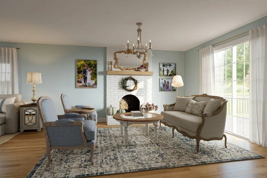 Living room in a French country decorating style by Decorilla