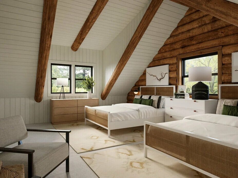 Log cabin modern interior, bedroom render by Decorilla