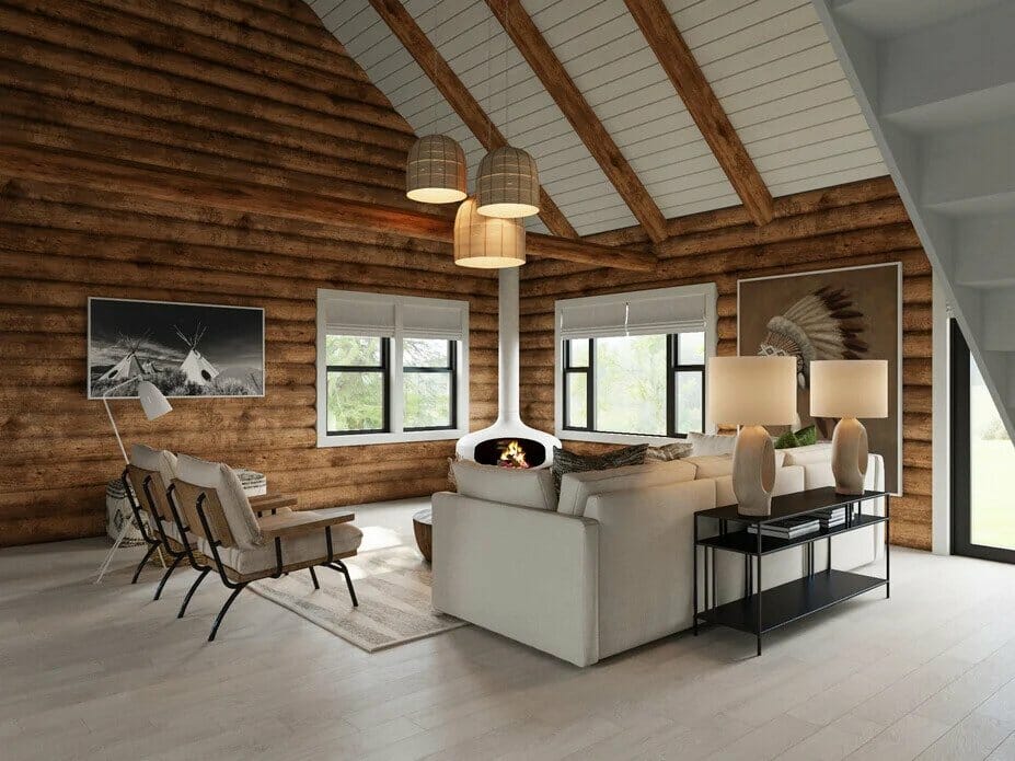 Log cabin modern interior living room render by Decorilla