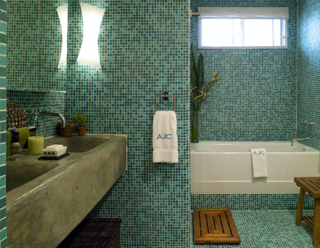Master bathroom design with all over tile by Decorilla designer Lori D