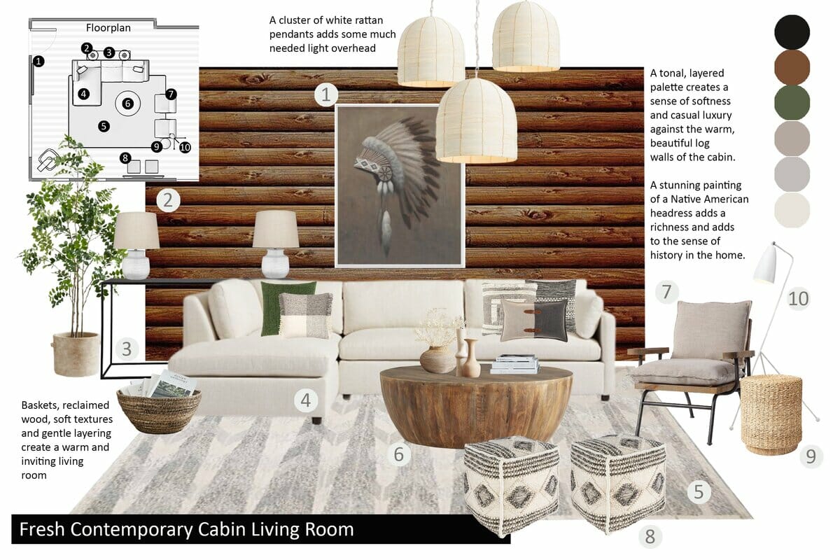 Modern log cabin decor mood board by Decorilla