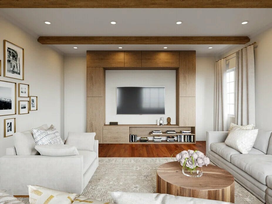 Warm griege living room render by Decorilla