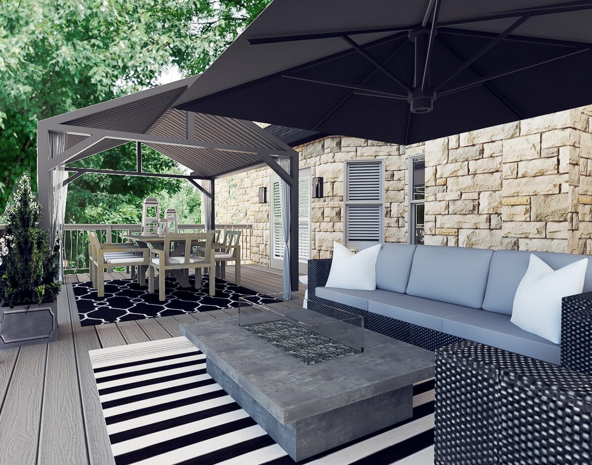 Balcony design with a gazebo by Decorilla designer Marybeth C