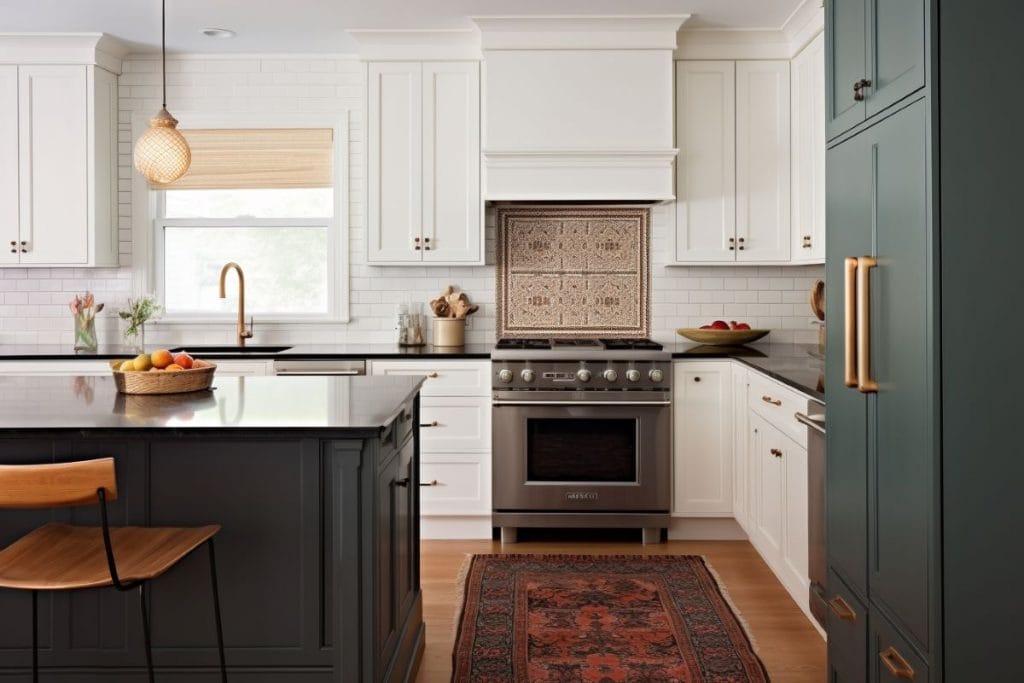 A boho-style rug and vintage flair in a contemporary kitchen by Decorilla