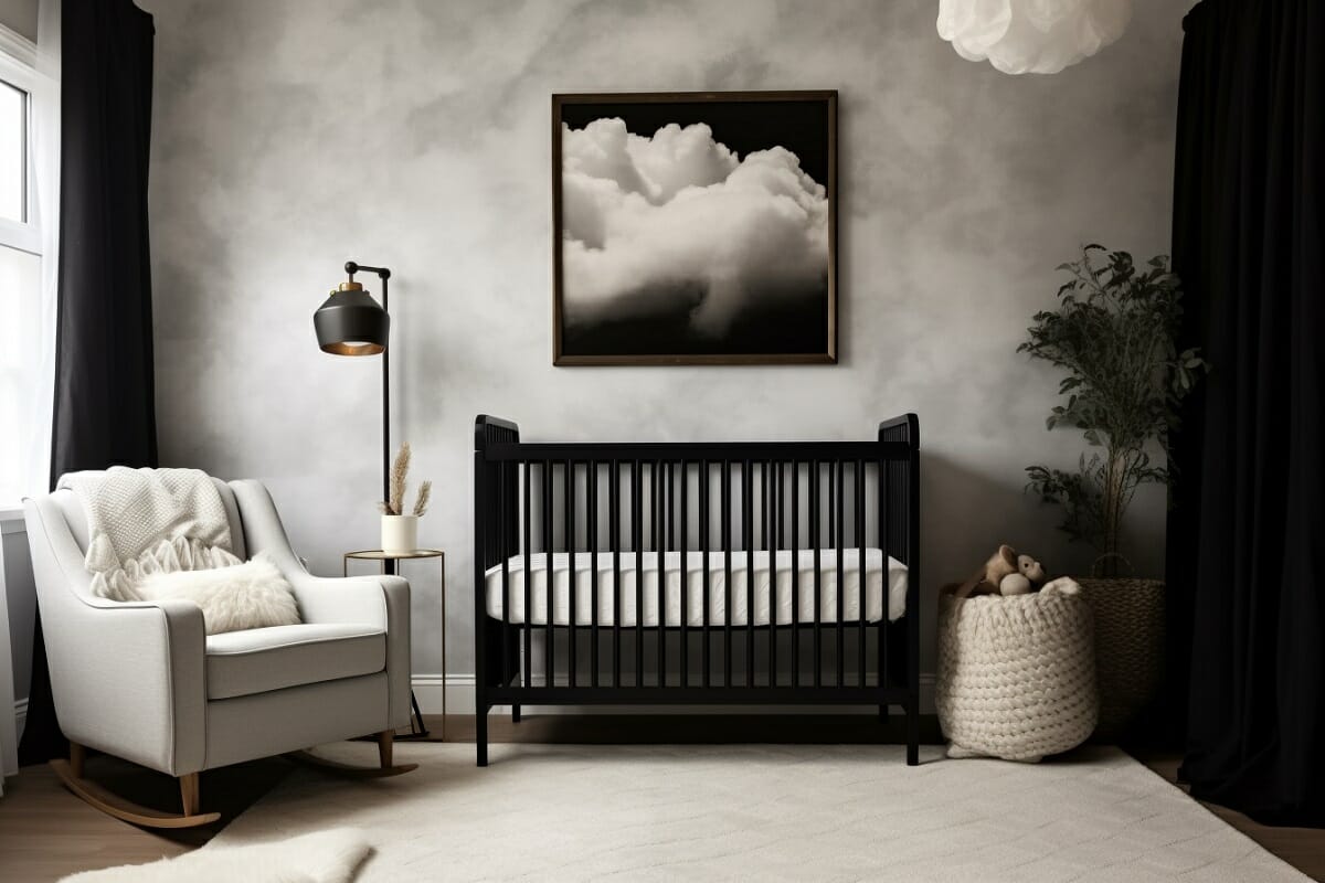 Black and white gender neutral nursery ideas with a black crib