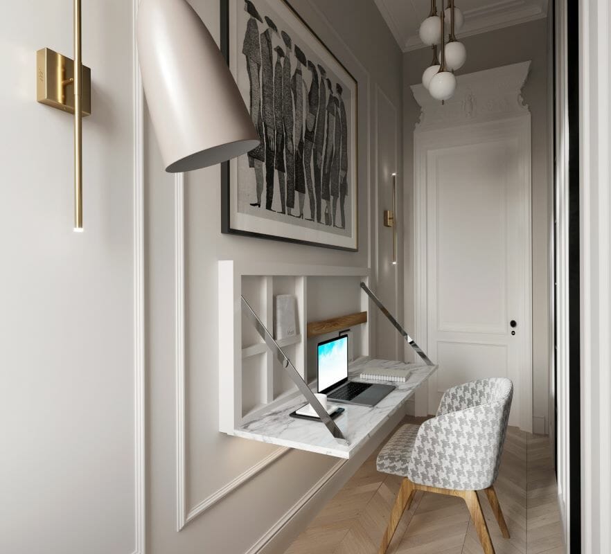 Guest room office combo ideas with foldable desk by Decorilla designer Nathalie I