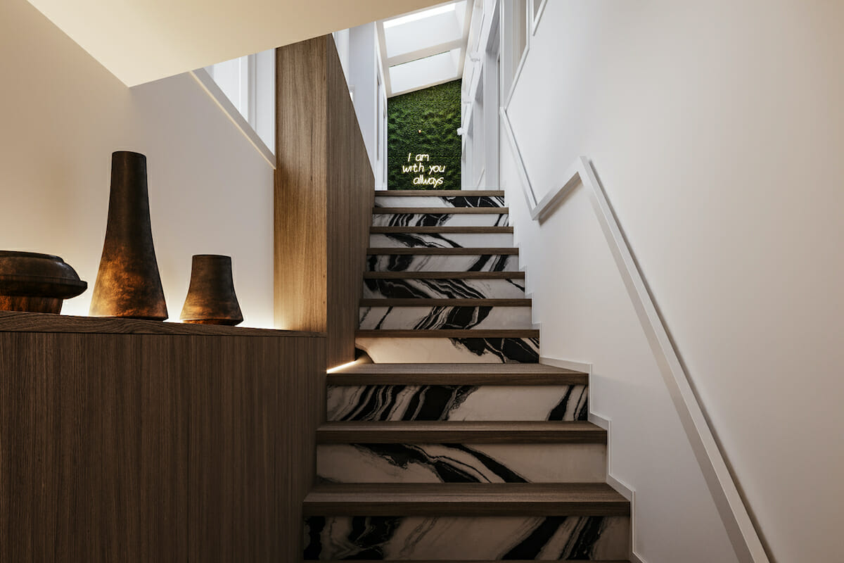 Decorate stair risers with veined marble by Decorilla designer, Mladen C.