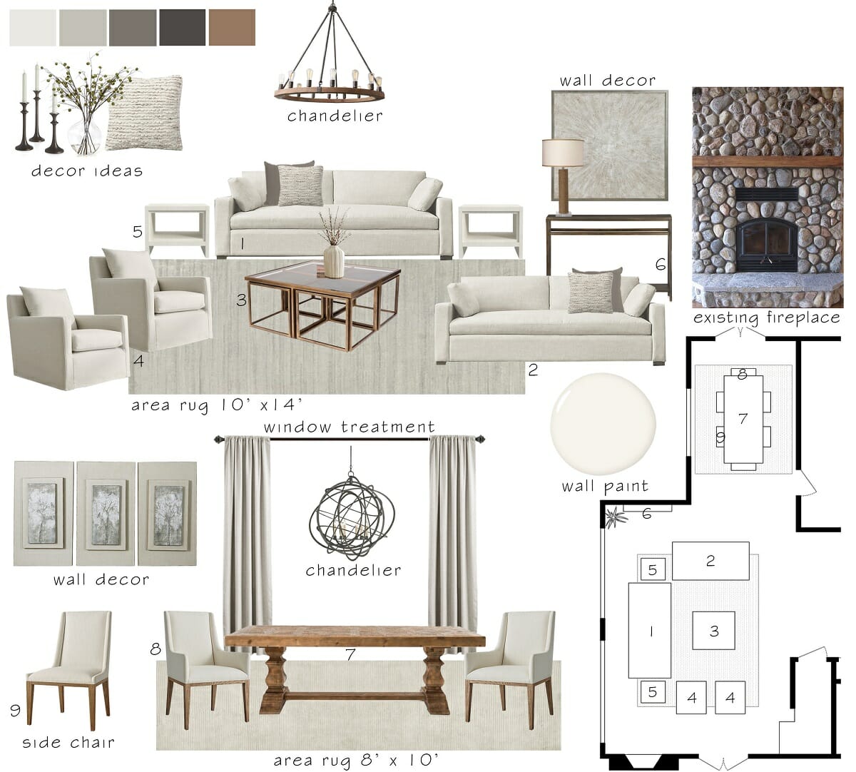 Mood board for a contemporary rustic living and dining room