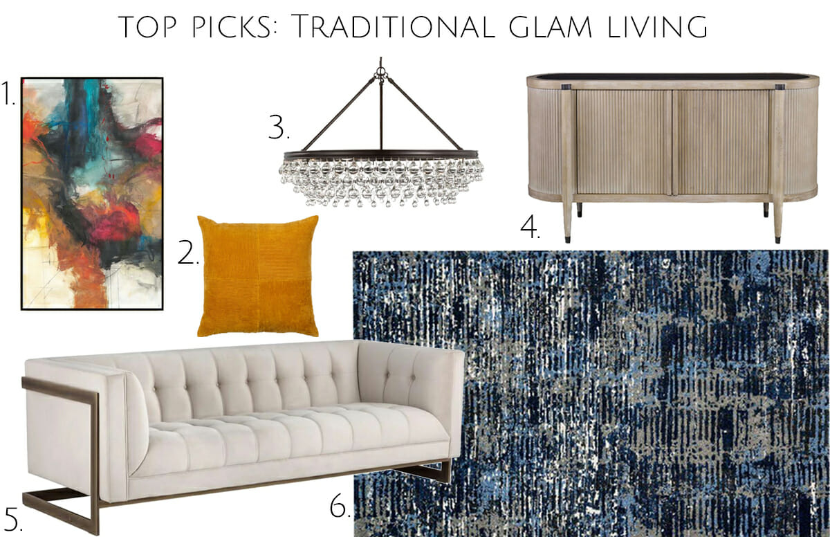 Top picks and ideas for a transitional glam living room