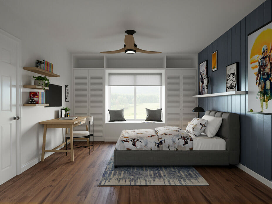 Open concept modern farmhouse bedroom