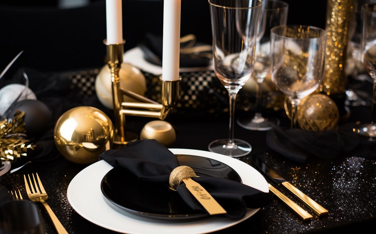 Black and gold new years eve holiday decoration ideas