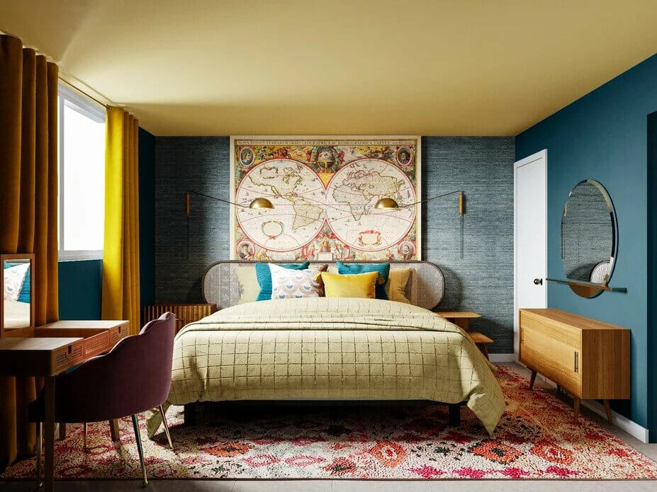 Colorful eclectic bedroom design by Decorilla