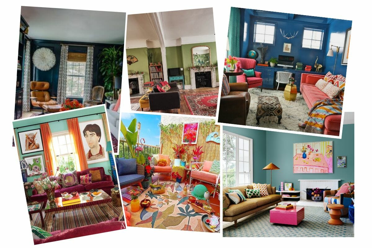 Colorful eclectic living room & bedroom inspiration board