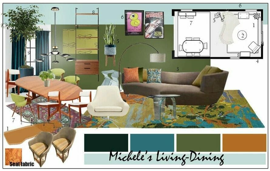 Colorful eclectic living room design mood board by Decorilla