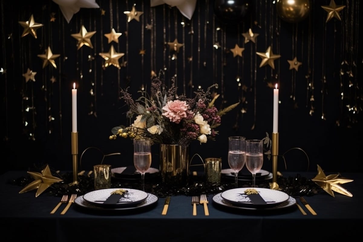Cute new years eve decorations for a black and gold dining table