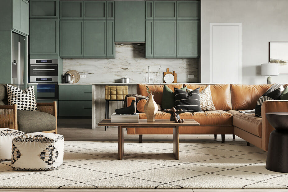 Decorating an open floor plan with pops of color by Decorilla designer, Casey H.