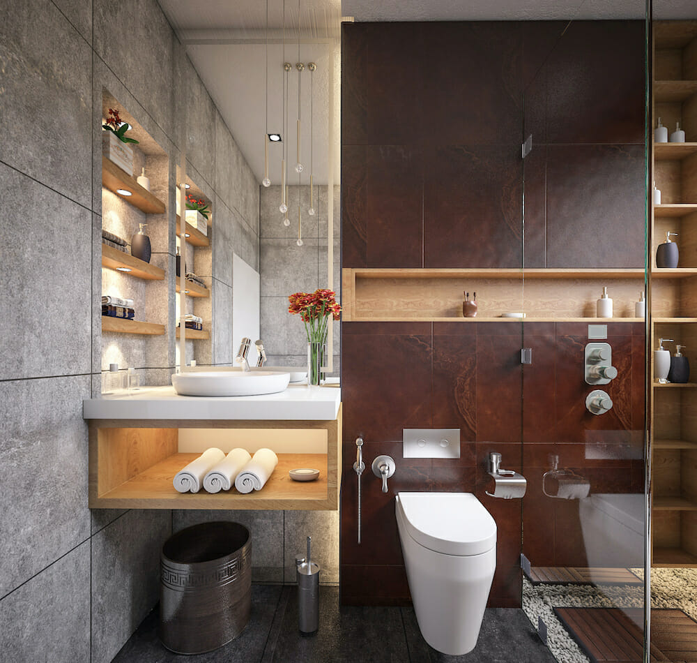 Easy and functional bathroom shelf decor by Decorilla designer, Amani Q.