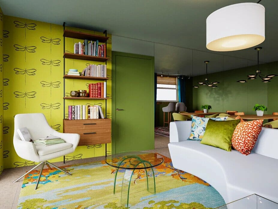 Eclectic green living room render by Decorilla