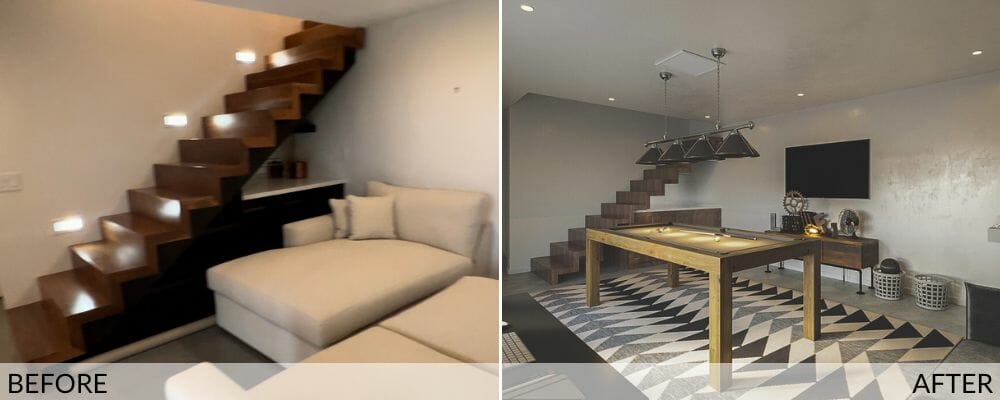 Industrial meets mid-century modern basement makeover