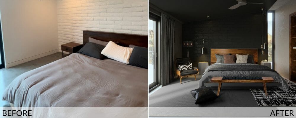 Industrial mid-century modern bedroom before and after