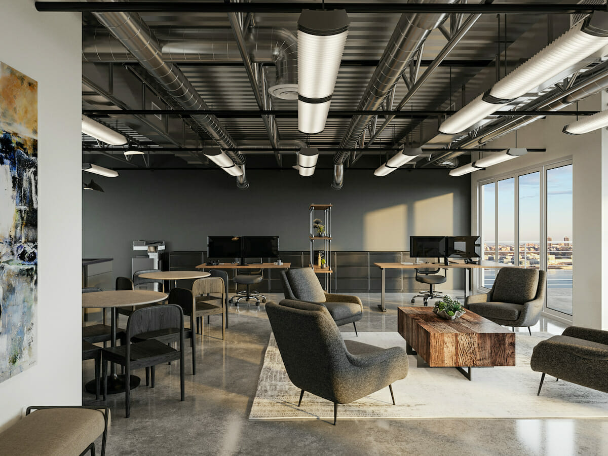 Industrial open concept office by Decorilla office space designer Theresa G.