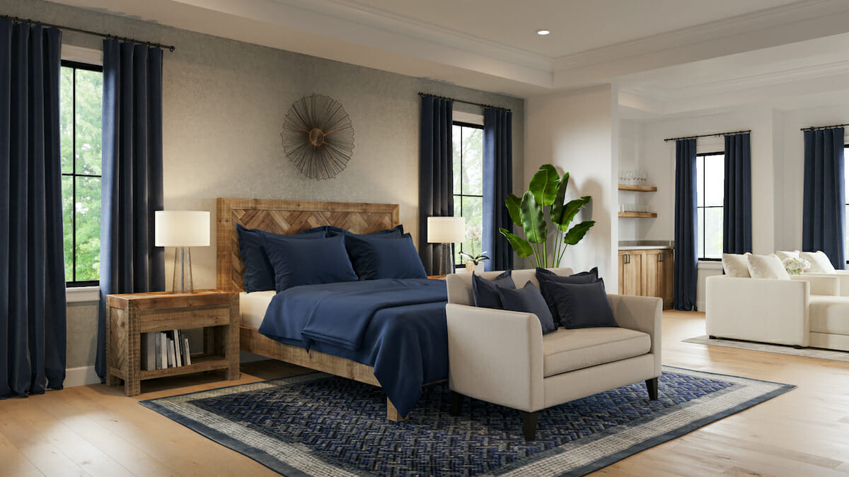 Master bedroom with separate sitting area ideas by Decorilla designer Tiara M.