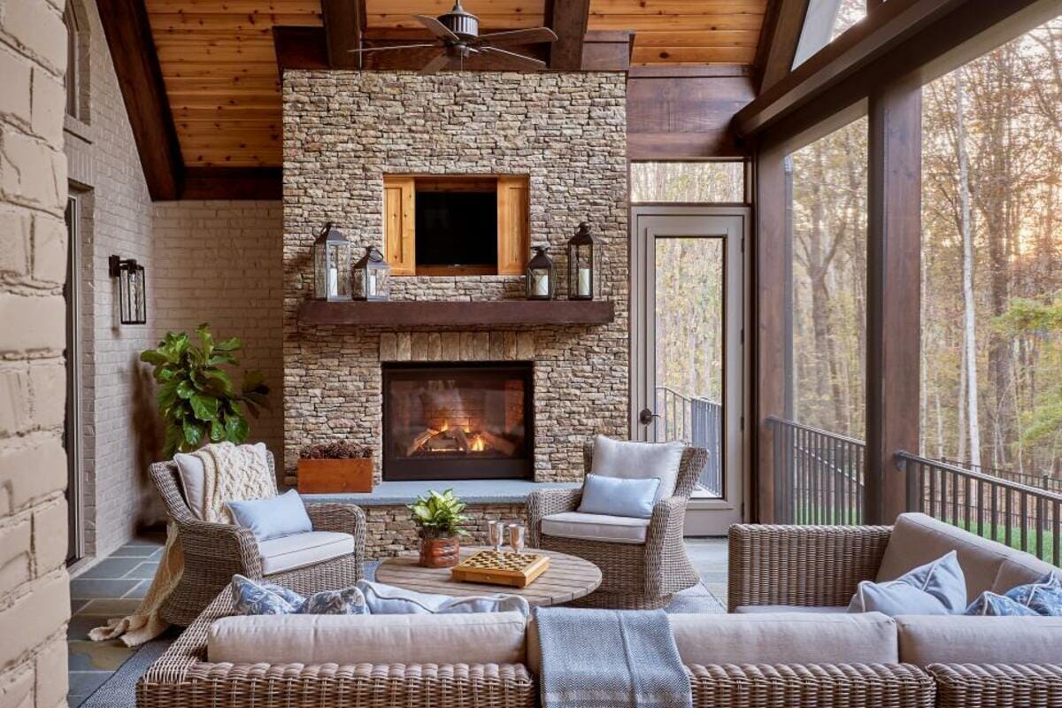 Modern rustic family room with a screened-in porch