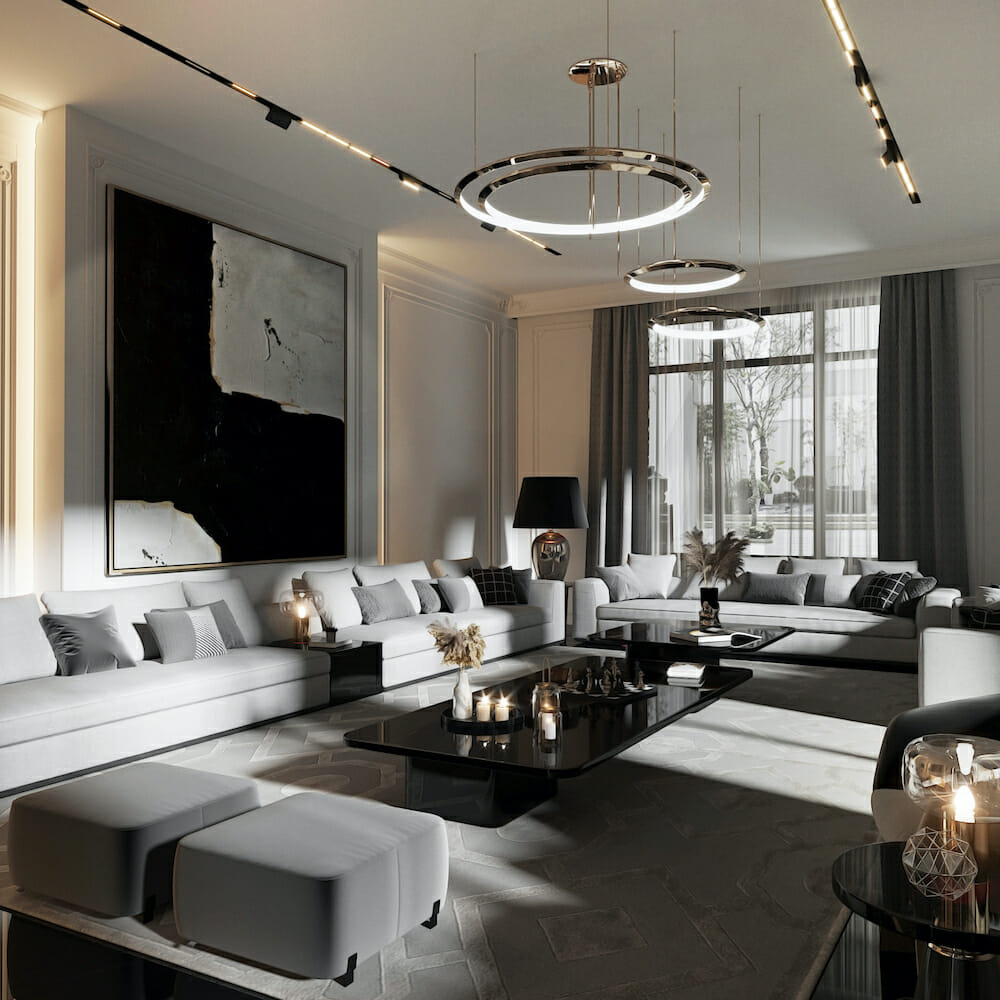 Neoclassic great room design by Decorilla designer Nathalie I