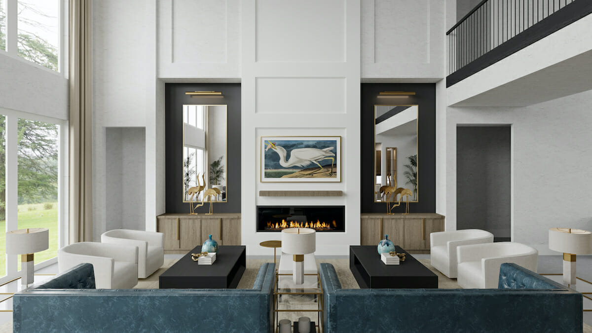Symmetrical great room decor by Decorilla designer Selma A.