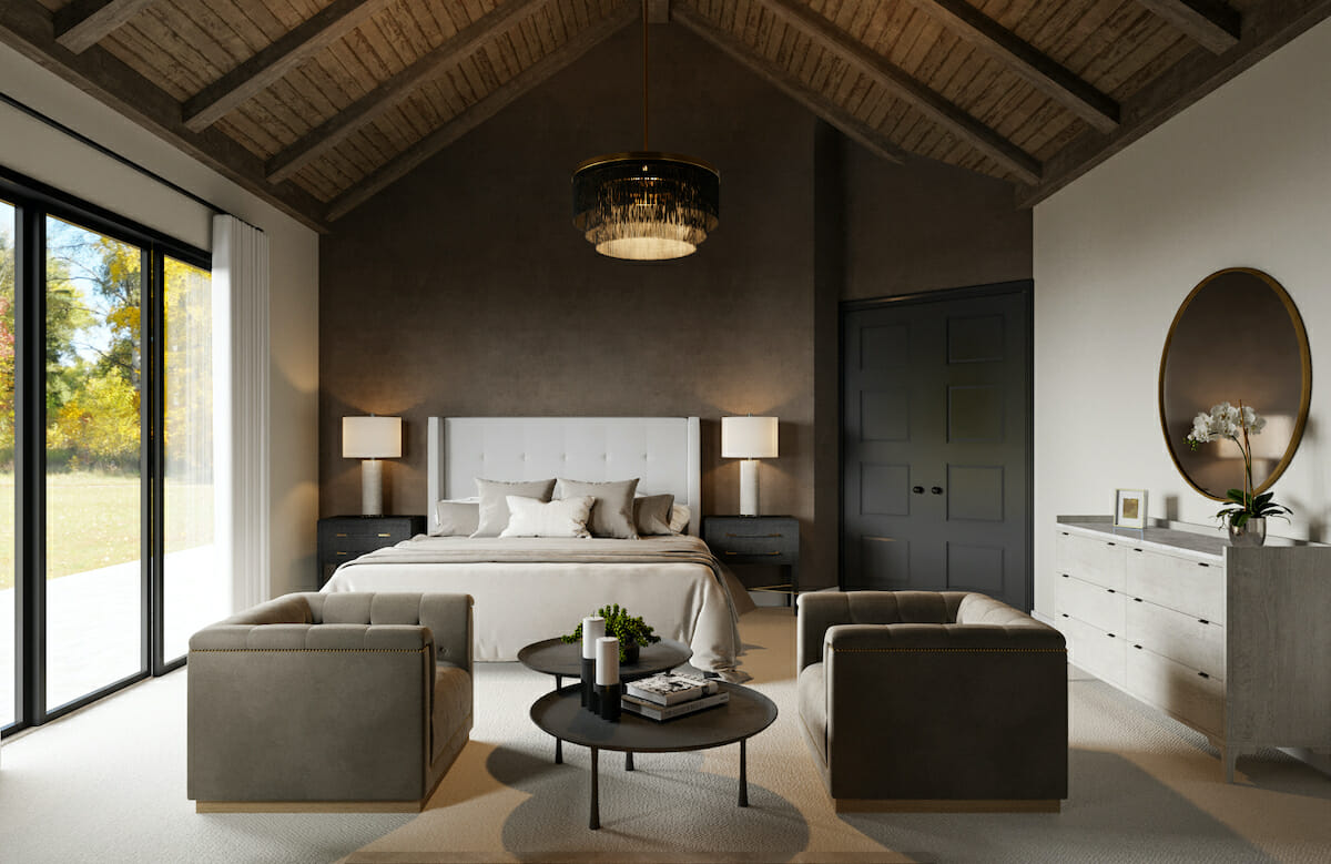 Transitional bedroom sitting area furniture by Decorilla designer, Wanda P.