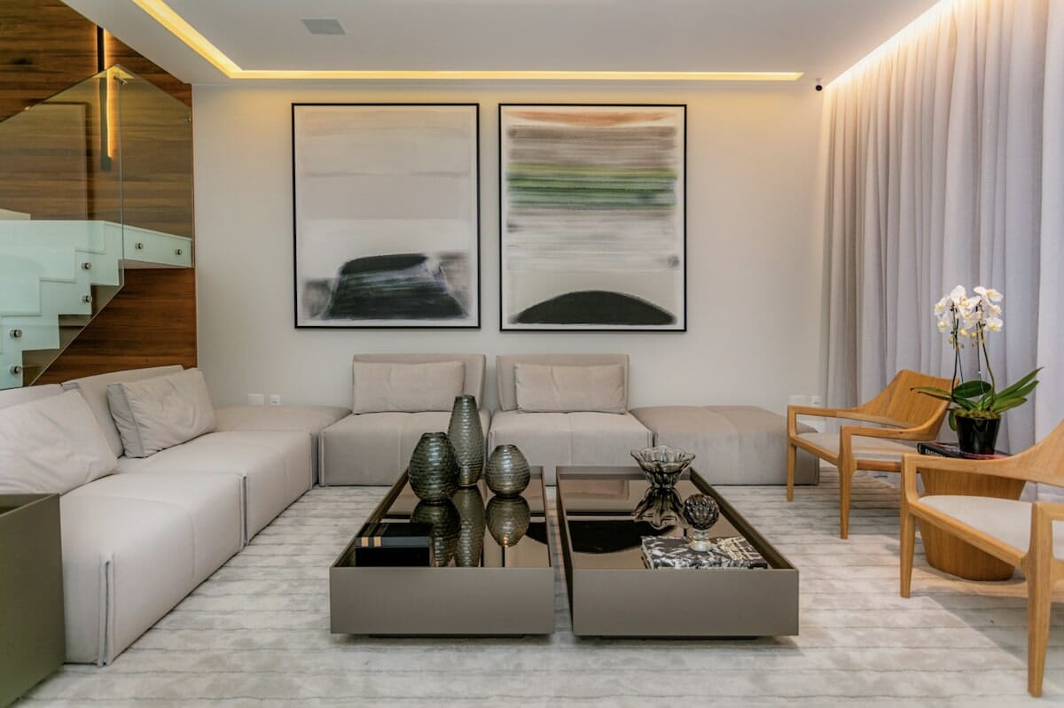 Trending lighting fixtures in a living room by Decorilla designer Mariana B