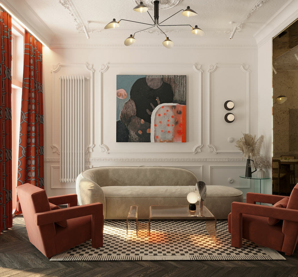 Colorful great room decor by Decorilla designer, Kristina B